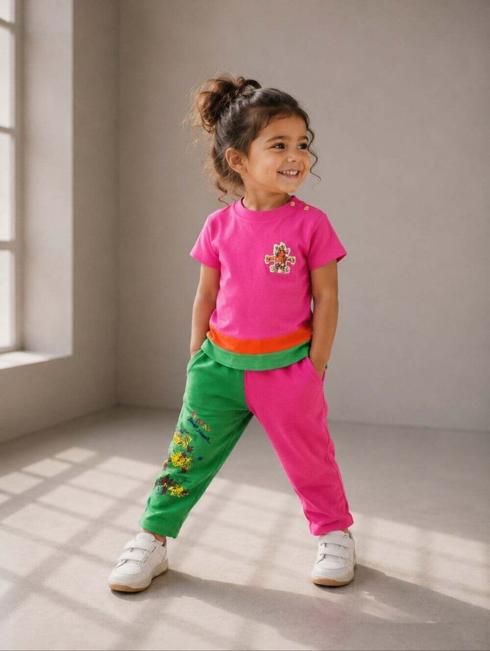 Vintage 90s Pampolina Girls Colorblock T Shirt Leggings Set Germany 92 Size 2/3T